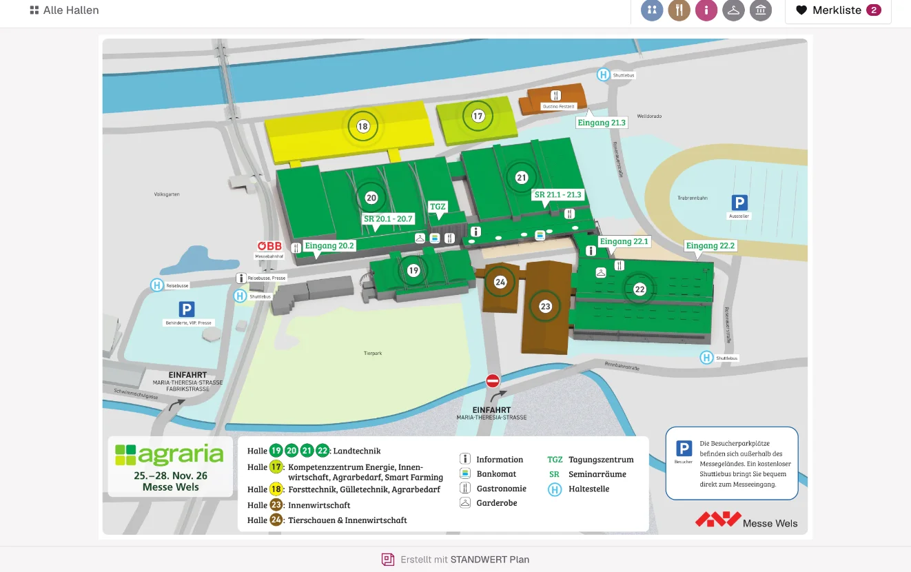 Geländeplan der Agraria 2026 in Wels mit allen Hallen, erstellt mit STANDWERT PLAN